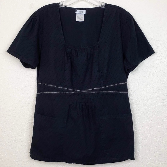 Cherokee Tops - Cherokee Studio 100% Cotton Black Square Neck Babydoll Scrub Top - Womens Medium